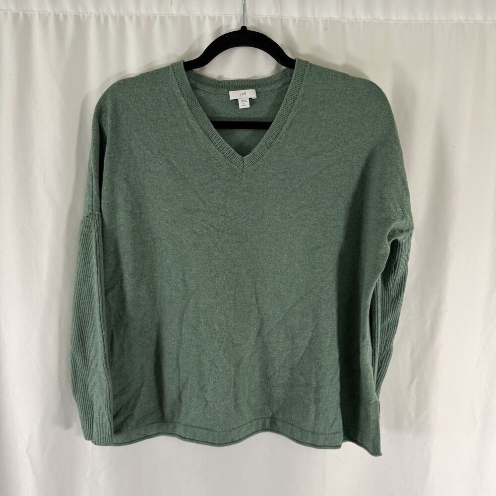 J Jill Sweater Women's Small Petite Green V-Neck Cotton Silk Blend Knit